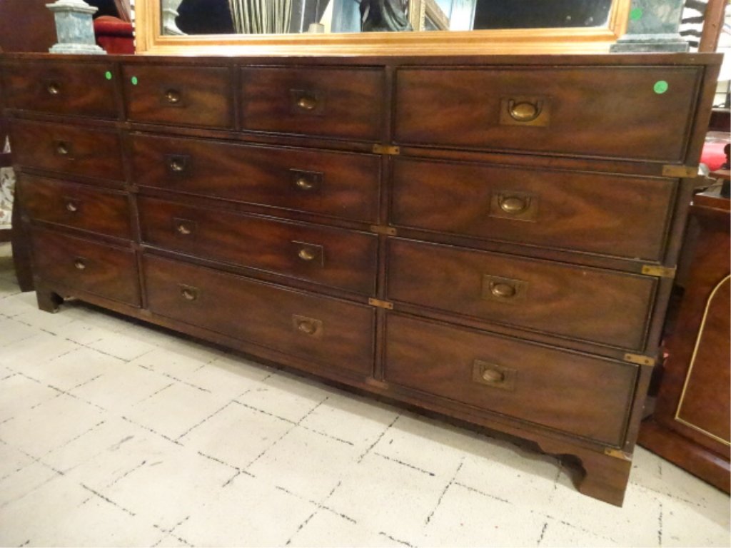 HERITAGE CAMPAIGN STYLE CHEST, BRASS PULLS, MARKED: HERITAGE CAMPAIGN STYLE CHEST, BRASS PULLS, MARKED HERITAGE, GOOD SOLID VINTAGE CONDITION WITH SOME WEAR TO TOP, A COUPLE OF WATERMARKS, AND ONE AREA OF MISSING VENEER ON LOWER LEFT LEG (SEE PHOTOS). 