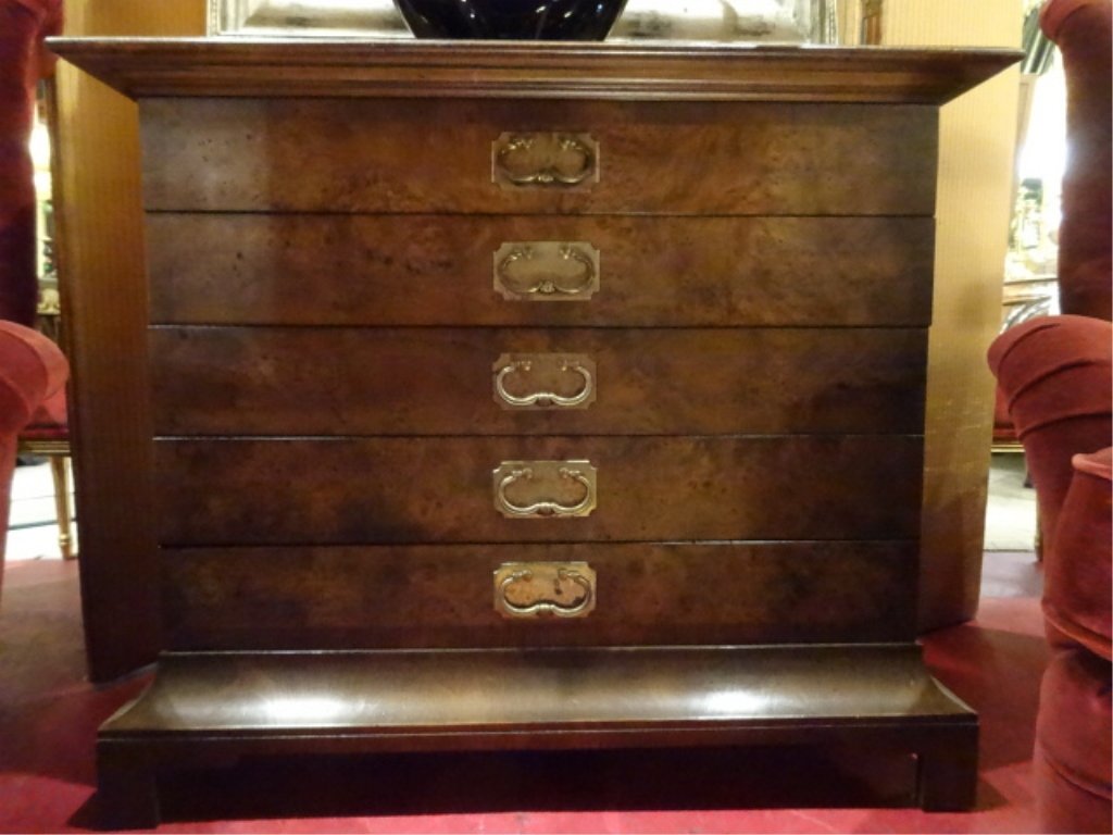 TOMLINSON BURL WOOD CHEST, 5 DRAWERS, BRASS PULLS, VERY (1 of 8)