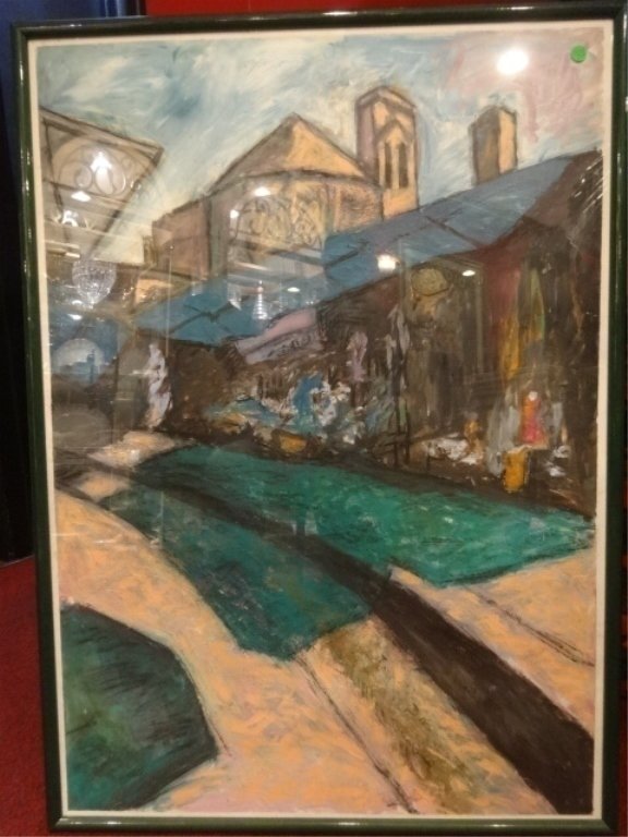 LARGE PASTEL DRAWING, STREET SCENE, UNSIGNED, LABELED (1 of 5)