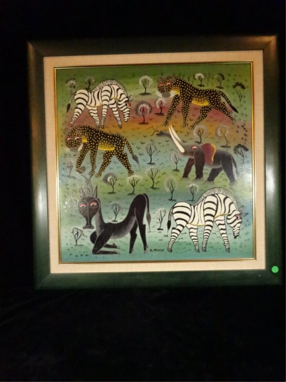 AFRICAN PAINTING ON BOARD, ANIMALS, SIGNED M. MPONDA, (1 of 9)