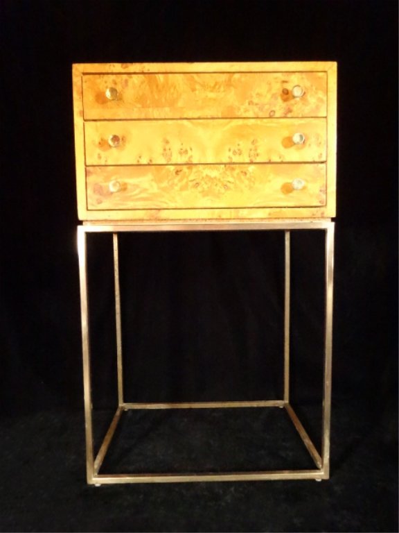 THREE DRAWER JEWELRY CHEST BY MILO BAUGHMAN, BURL WOOD,: THREE DRAWER JEWELRY CHEST BY MILO BAUGHMAN, BURL WOOD, WITH BRANDT FURNITURE LABEL, MARKED CHAMOIS UNDERNEATH, APPROX 23.25"H X 10"D X 14"W Â (KEY WORD SEARCH: MILO BAUGHMAN, PACE COLLECTION, THAYE