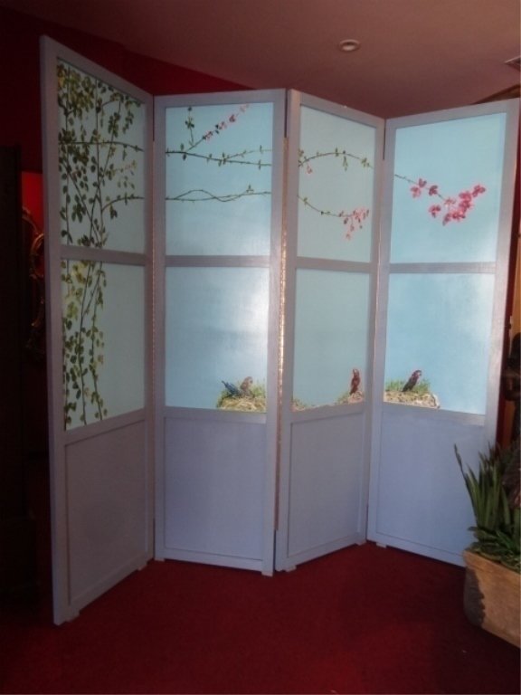 LARGE 4 PANEL PAINTED WOOD FLOOR SCREEN, HANDPAINTED (1 of 8)