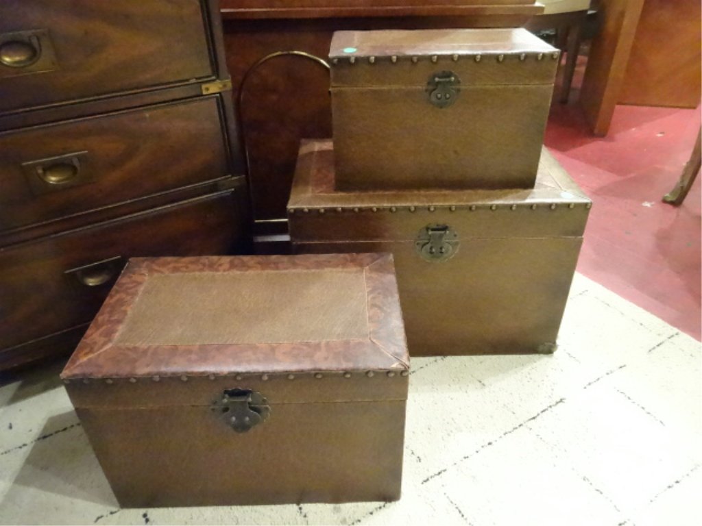 3 PC FAUX LEATHER CHESTS, NAILHEAD TRIM, FELT LINED, (1 of 4)