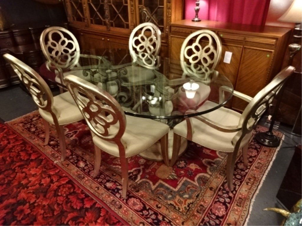 DUAL PEDESTAL DINING TABLE WITH 6 SILVER GILT CHAIRS (2 (1 of 8)