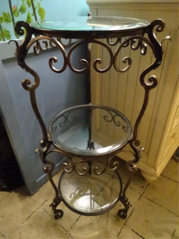 ORNATE METAL 3 TIER TABLE, GLASS TOPS, EXCELLENT (1 of 5)