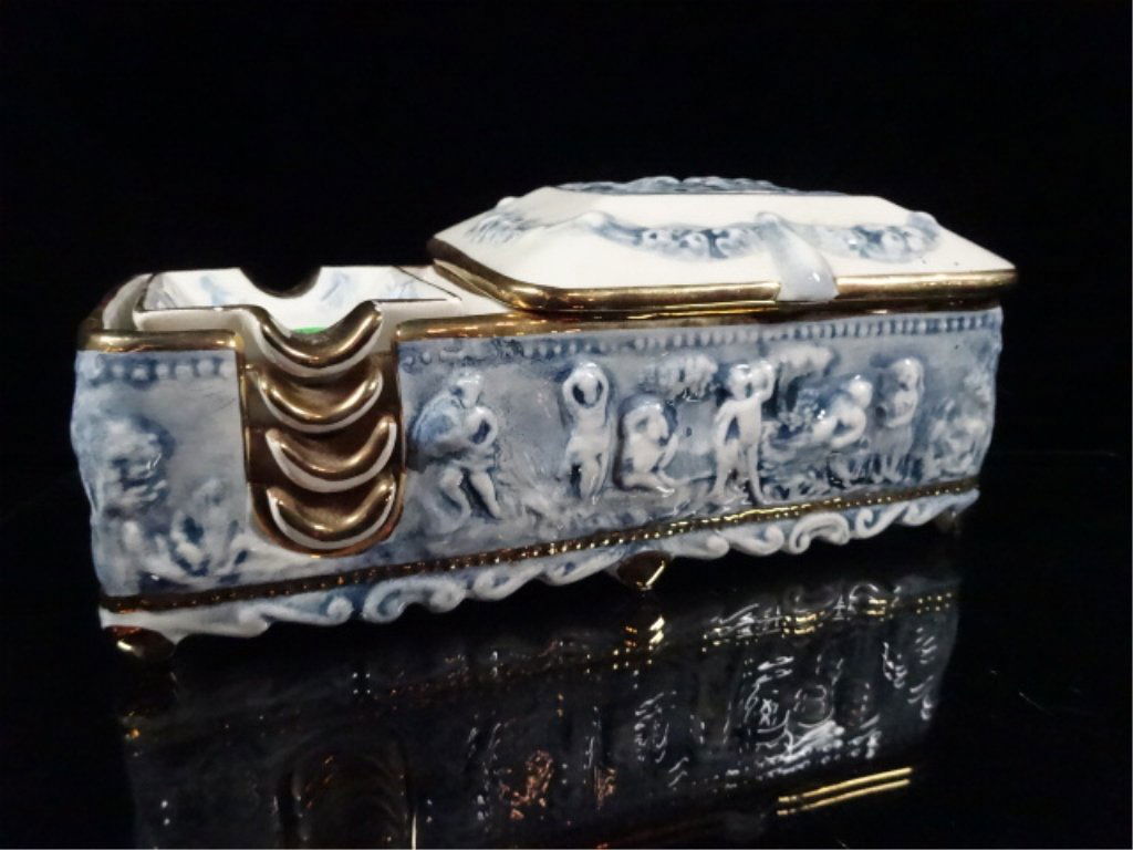 5 PC R. CAPODIMONTE PORCELAIN CIGARETTE BOX WITH 4: 5 PC R. CAPODIMONTE PORCELAIN CIGARETTE BOX WITH 4 INDIVIDUAL ASHTRAYS, BOX APPROX 8.75" X 3.75" X 3.75"H
