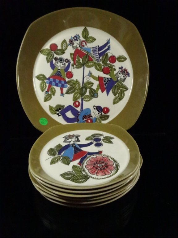 7 PC TURI DESIGN CORSICA SERVEWARE, HANDPAINTED: 7 PC TURI DESIGN CORSICA SERVEWARE, HANDPAINTED SILKSCREEN, MADE IN NORWAY, INCLUDES PLATTER APPROX 11.5" AND 6 PLATES APPROX 7.25", PLATES HAVE 2 EACH OF GIRL DESIGNS AND 1 EACH OF BOY DESIGNS