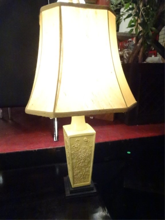 CHINESE STYLE PORCELAIN TABLE LAMP, PALE YELLOW WITH (1 of 2)