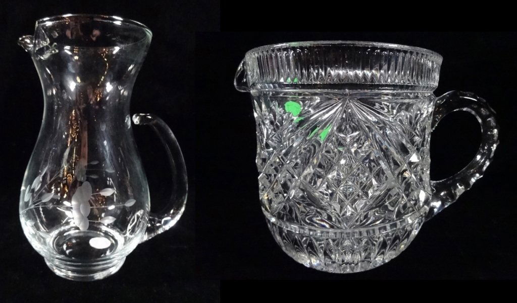 2 PC GLASS SERVEWARE, INLCUDES PRINCESS HOUSE ETCHED: 2 PC GLASS SERVEWARE, INLCUDES PRINCESS HOUSE ETCHED CRYSTAL PITCHER, APPROX 6.5"H, & PRESSED GLASS PITCHER, APPROX 6"H, SKU617.02, SKU617.31