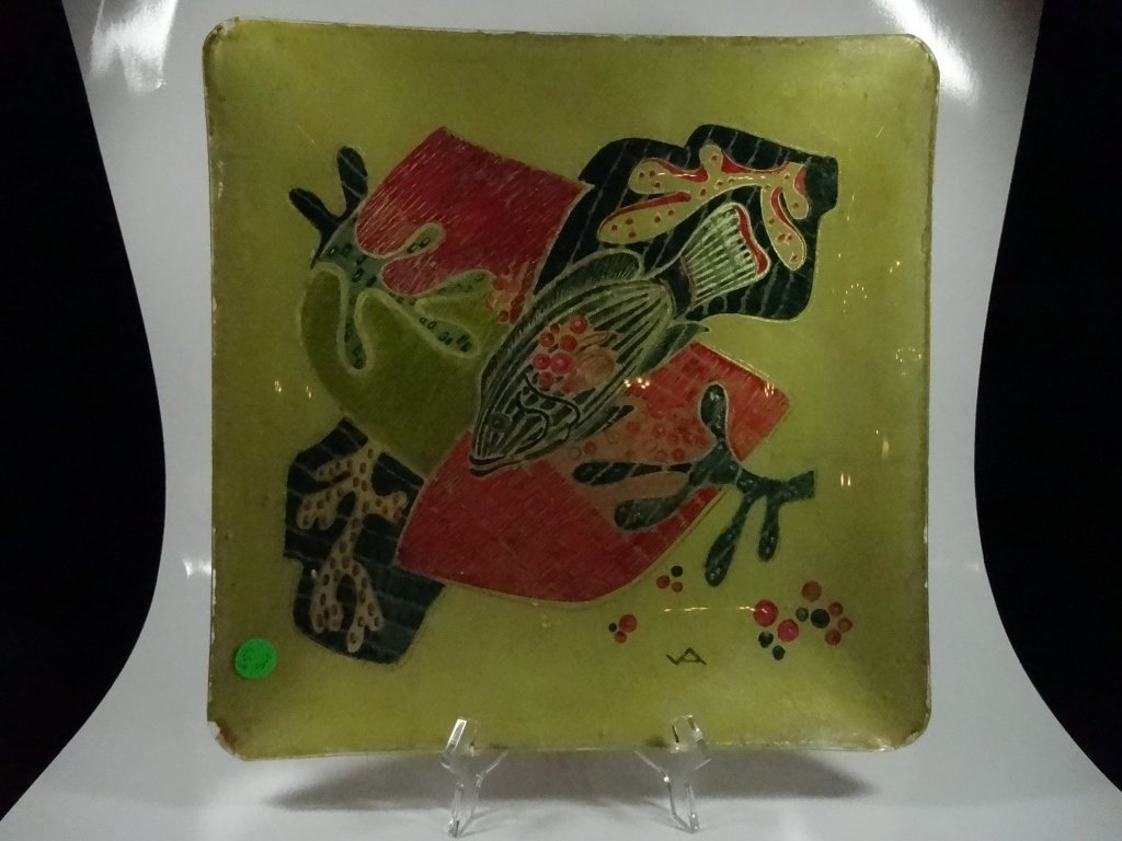 MID CENTURY REVERSE PAINTED PLATTER, FISH DESIGN,: MID CENTURY REVERSE PAINTED PLATTER, FISH DESIGN, APPROX 13.5" SQUARE