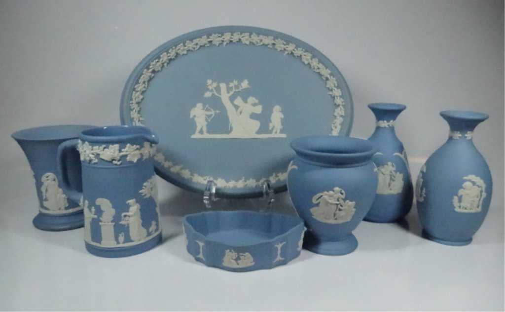 7 PC WEDGWOOD JASPERWARE, BLUE, TRAY APPROX 9.75" x: 7 PC WEDGWOOD JASPERWARE, BLUE, TRAY APPROX 9.75" x 7.75"