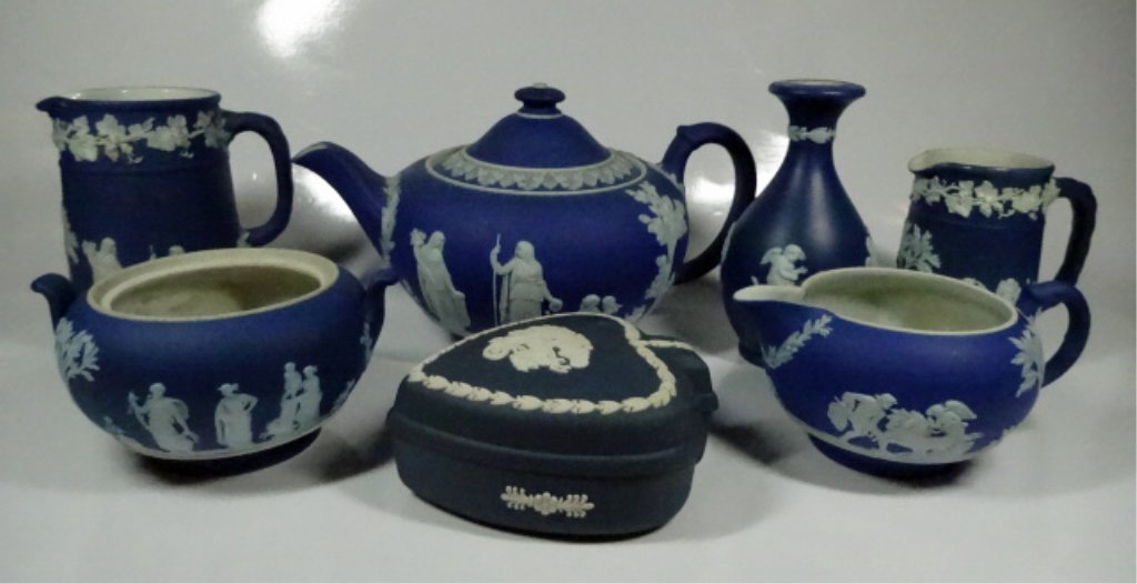7 PC WEDGWOOD JASPERWARE, DARK BLUE & MIDNIGHT BLUE,: 7 PC WEDGWOOD JASPERWARE, DARK BLUE & MIDNIGHT BLUE, TEAPOT APPROX 8.25"W