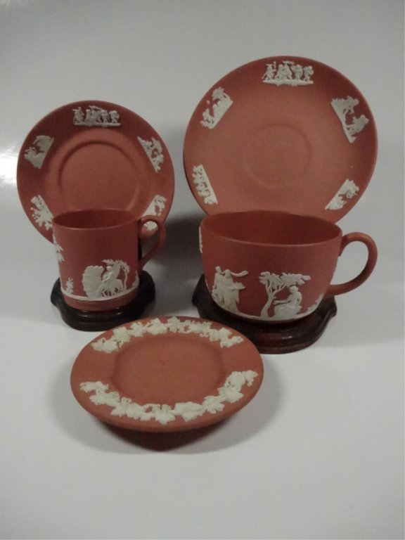 5 PC WEDGWOOD JASPERWARE, INCLUDES CUP & SAUCER,: 5 PC WEDGWOOD JASPERWARE, INCLUDES CUP & SAUCER, DEMITASSE CUP & SAUCER, AND ASHTRAY, STANDS NOT INCLUDED