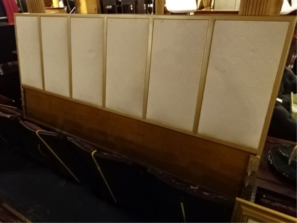 MID CENTURY MODERN METAL KING HEADBOARD, MILO BAUGHMAN: MID CENTURY MODERN METAL KING HEADBOARD, MILO BAUGHMAN STYLE, WITH UPHOLSTERED PANELS, NEWLY REUPHOLSTERED, INCLUDES COORDINATING BEDSPREAD, SKU3634.18