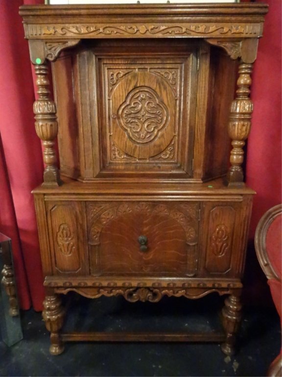 JACOBEAN REVIVAL CABINET, EARLY 20TH C., WITH 2 CENTRAL: JACOBEAN REVIVAL CABINET, EARLY 20TH C., WITH 2 CENTRAL DOORS, EXCELLENT VINTAGE CONDITION, 63"H X 38"W X 18"D, SKU690.02