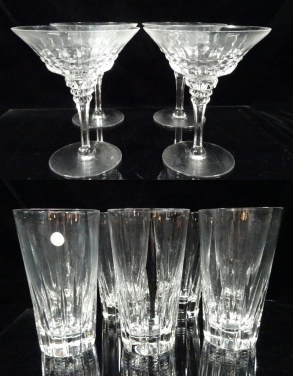 11 PC CRYSTAL SERVEWARE, 7 CRYSTAL TUMBLERS, APPROX: 11 PC CRYSTAL SERVEWARE, 7 CRYSTAL TUMBLERS, APPROX 5.25"H, & 4 CRYSTAL SAUCER CHAMPAGNE GLASSES, CHIP TO BASE OF ONE, APPROX 5 1/8"H
