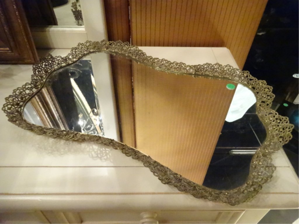 MIRROR AND BRASS VANITY TRAY, APPROX 18"W, 703.43: MIRROR AND BRASS VANITY TRAY, APPROX 18"W, 703.43
