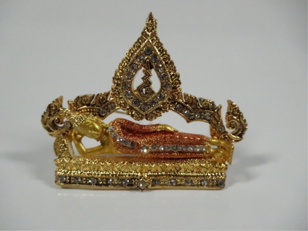 RECLINING BUDDHA PIN, GOLD TONE WITH RHINESTONE: RECLINING BUDDHA PIN, GOLD TONE WITH RHINESTONE ACCENTS, APPROX 2 1/8"W X 1 3/4"H