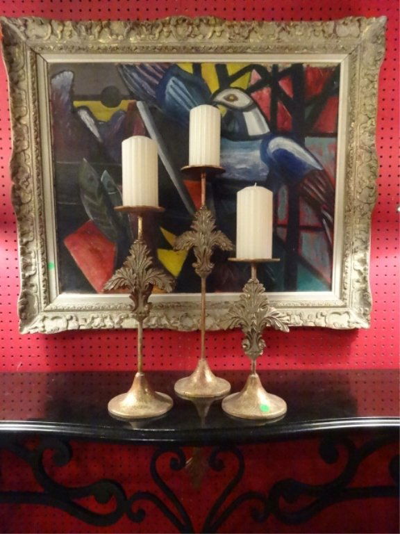 3 ORNATE METAL CANDLESTICKS, GOLD FINISH METAL AND: 3 ORNATE METAL CANDLESTICKS, GOLD FINISH METAL AND COMPOSITE, GRADUATED SIZES 20"H, 16"H, AND 12"H, EXCELLENT CONDITiON, SKU3681.06