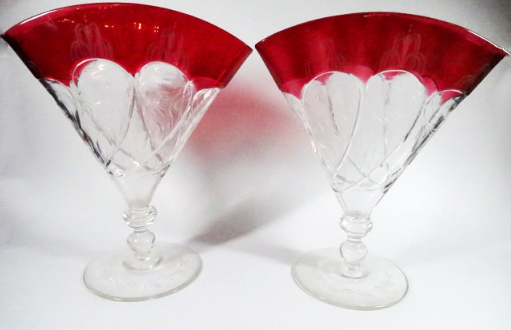 PAIR VINTAGE CRYSTAL FAN VASES, EARLY 20TH C., RED AND (1 of 10)