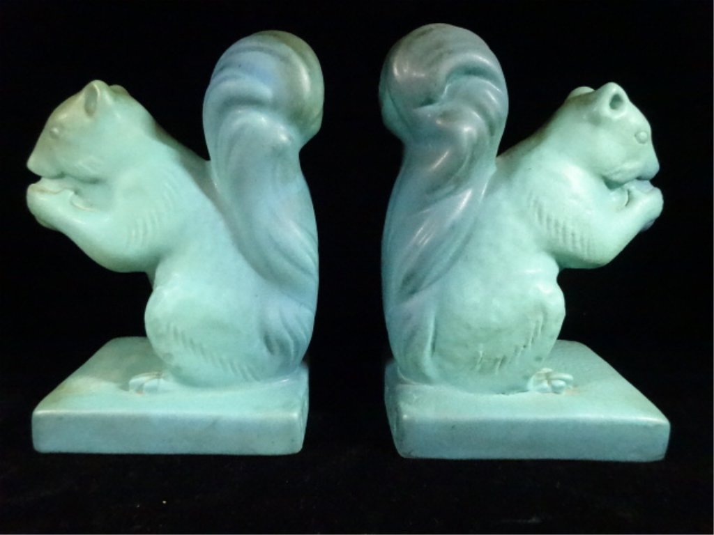PAIR VAN BRIGGLE ART POTTERY SQUIRREL BOOKENDS, (1 of 10)