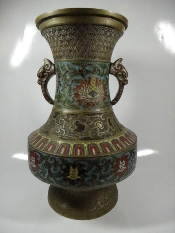 VINTAGE JAPANESE CHAMPLEVE VASE WITH DRAGON HANDLES, (1 of 9)