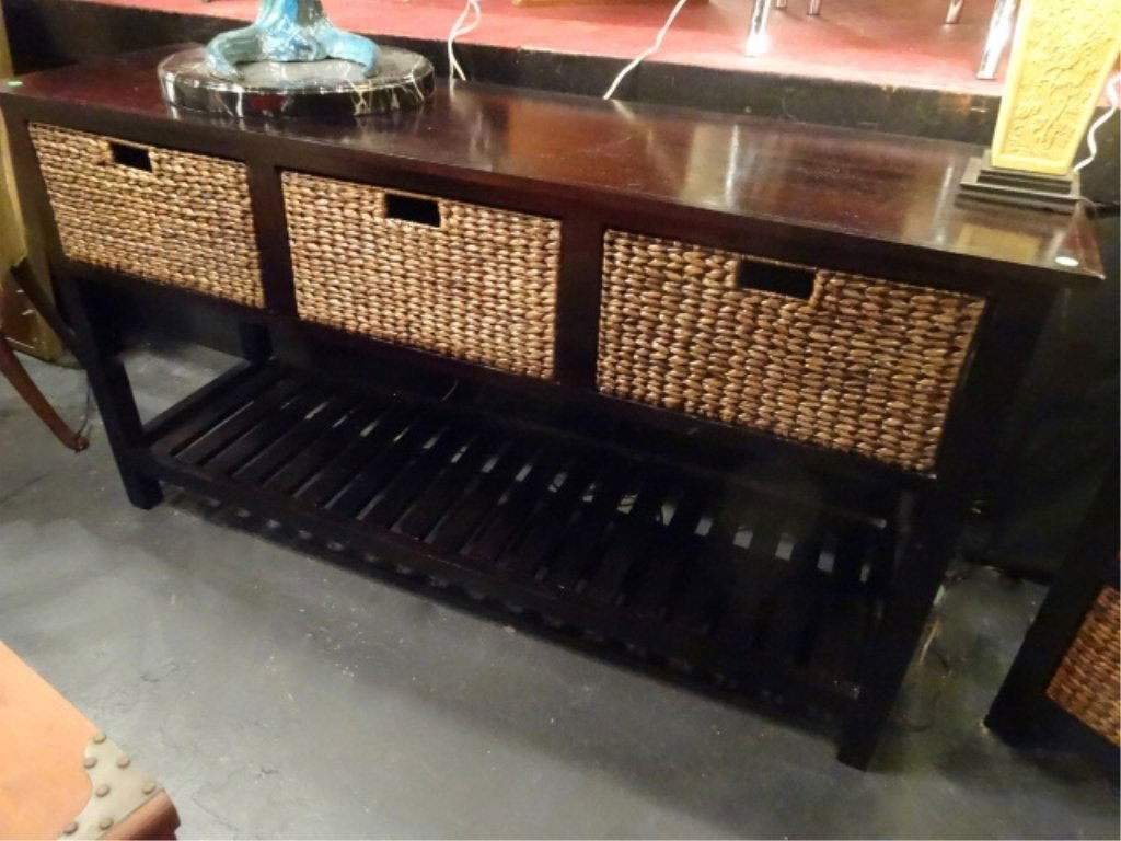 WOOD AND RATTAN CONSOLE TABLE, 3 RATTAN DRAWERS AND (1 of 4)