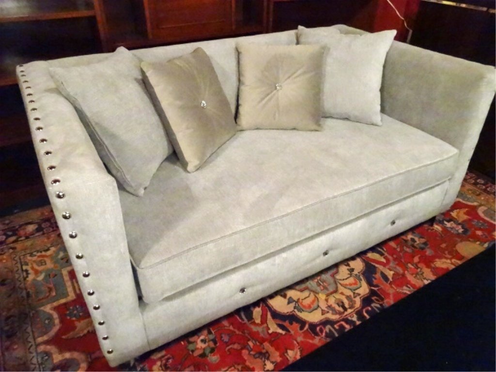 MODERN UPHOLSTERED LOVESEAT, RHINESTONE ACCENTS, CHROME: MODERN UPHOLSTERED LOVESEAT, RHINESTONE ACCENTS, CHROME NAILHEAD TRIM, EXCELLENT GENTLY USED CONDITION