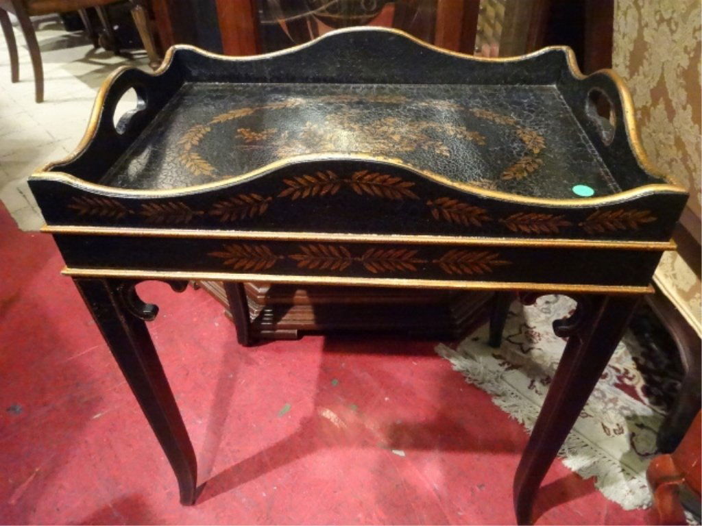 PAINTED TRAY TABLE, BLACK AND GOLD WITH FLORALS, (1 of 5)