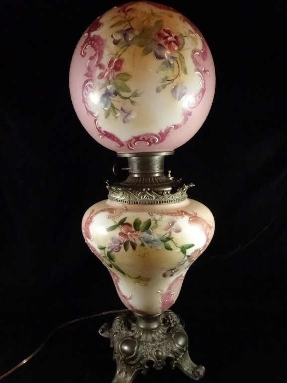 VINTAGE HURRICANE LAMP, PAINTED FLORAL DESIGN, APPROX (1 of 7)
