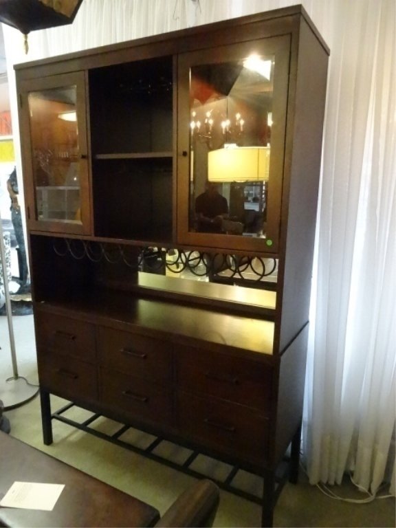 CONTEMPORARY LIGHTED WINE BAR CABINET, DARK FINISH, 2: CONTEMPORARY LIGHTED WINE BAR CABINET, DARK FINISH, 2 PC WITH HUTCH TOP, BOTTLE AND STEMWARE RACKS, MIRRORED BACK, 2 GLASS DOOR CABINETS AND SHELF ABOVE 6 LOWER DRAWERS, APPROX 7' X 4.5' X 19", VERY G