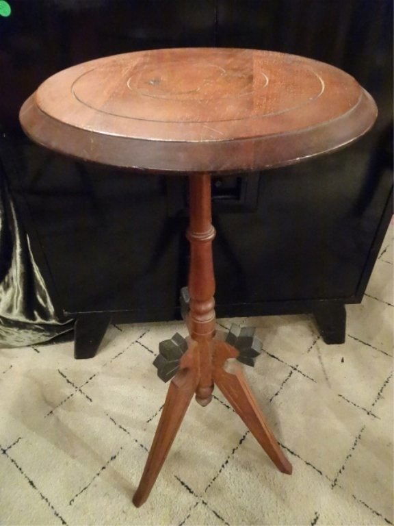 CARVED WOOD PEDESTAL TABLE, CRESENT MOON DESIGN ON TOP, (1 of 6)