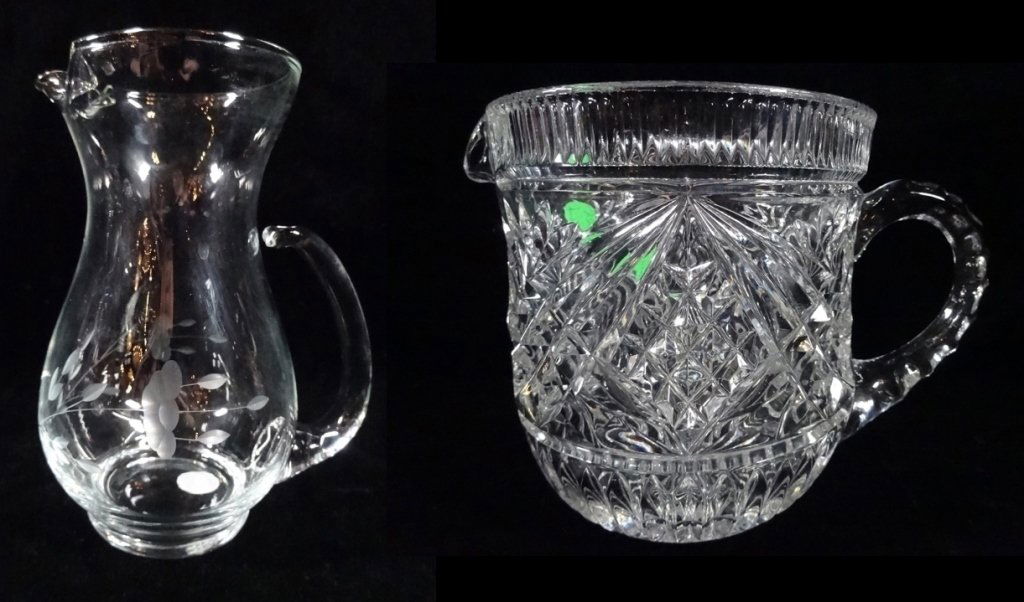 2 PC GLASS SERVEWARE, INLCUDES PRINCESS HOUSE ETCHED: 2 PC GLASS SERVEWARE, INLCUDES PRINCESS HOUSE ETCHED CRYSTAL PITCHER, APPROX 6.5"H, & PRESSED GLASS PITCHER, APPROX 6"H, SKU617.02, SKU617.31