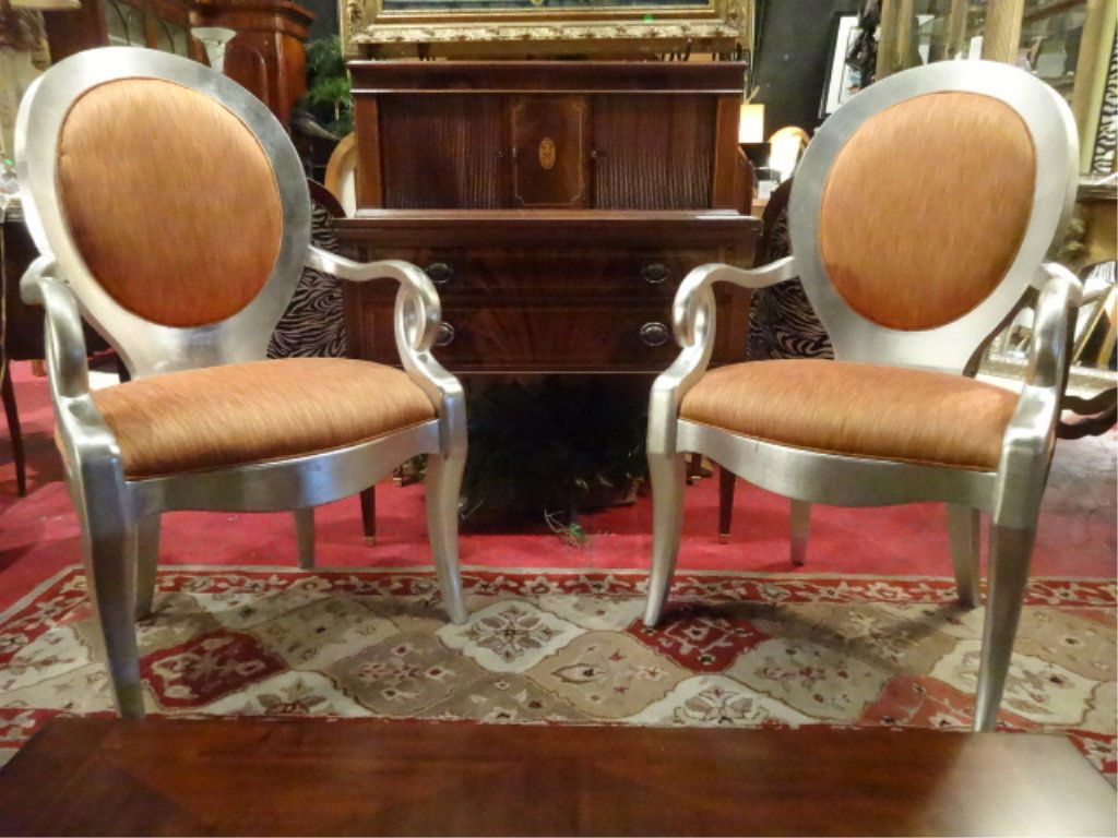 PAIR MODERN SILVER GILT ARMCHAIRS, FRENCH INSPIRED (1 of 10)