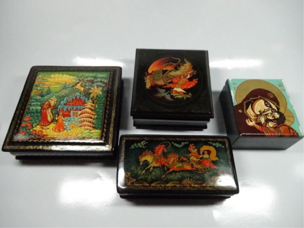 4 PC RUSSIAN LACQUER BOXES, LARGEST APPROX 4 5/8" X 4 (1 of 10)