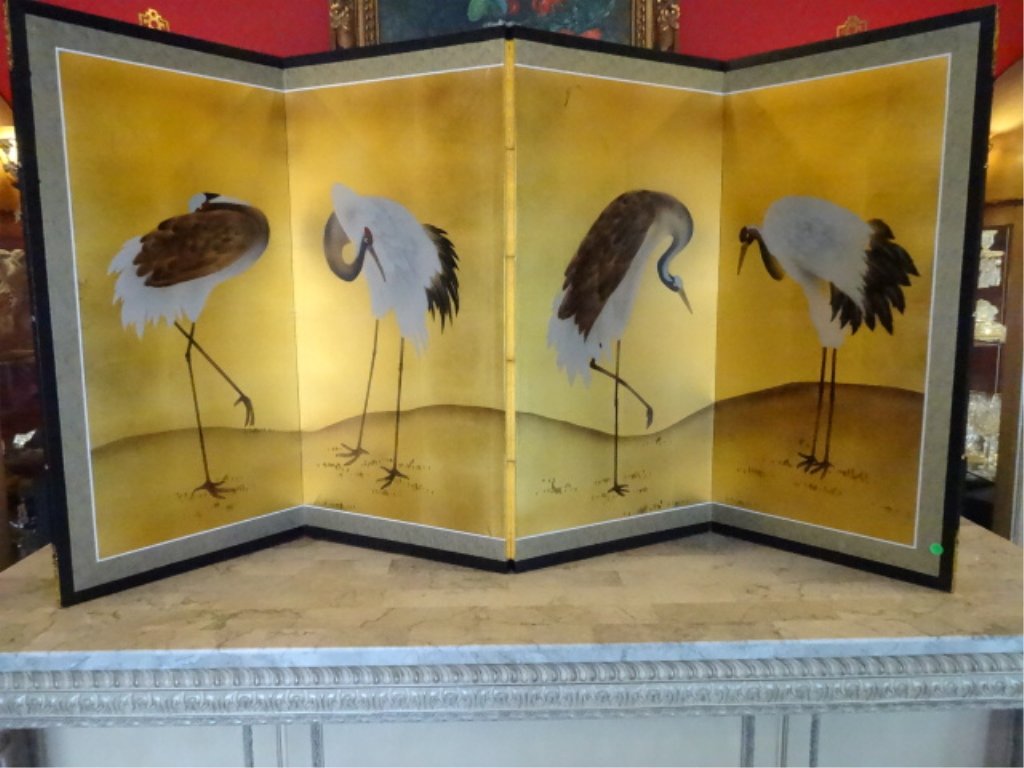 LARGE 4 PANEL CHINESE GILT SCREEN, PAINTED CRANES, (1 of 6)