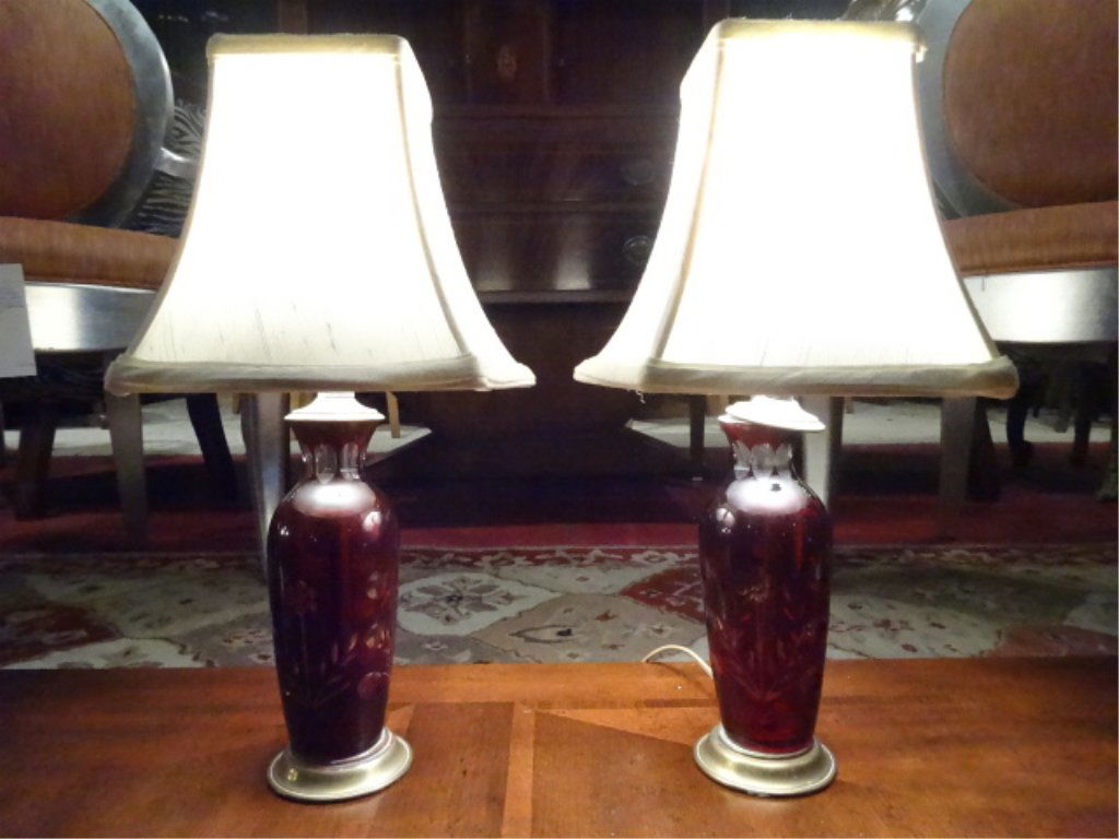 PAIR SMALL RUBY CUT TO CLEAR CRYSTAL LAMPS, BRASS (1 of 5)