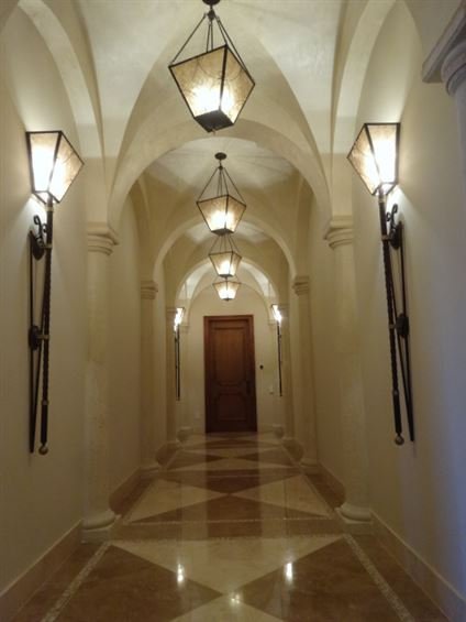 PAIR LARGE 6 FT TALL METAL AND GLASS WALL SCONCES, (1 of 10)