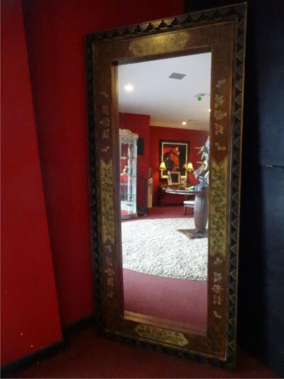 LARGE CARVED WOOD MIRROR, PAINTED FLORAL DESIGNS, (1 of 7)