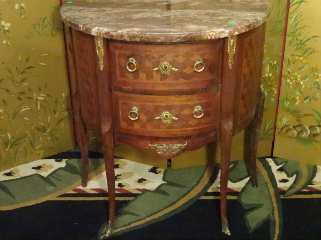LOUIS XV STYLE BOW FRONT COMMODE, 2 DRAWERS, MARBLE (1 of 10)