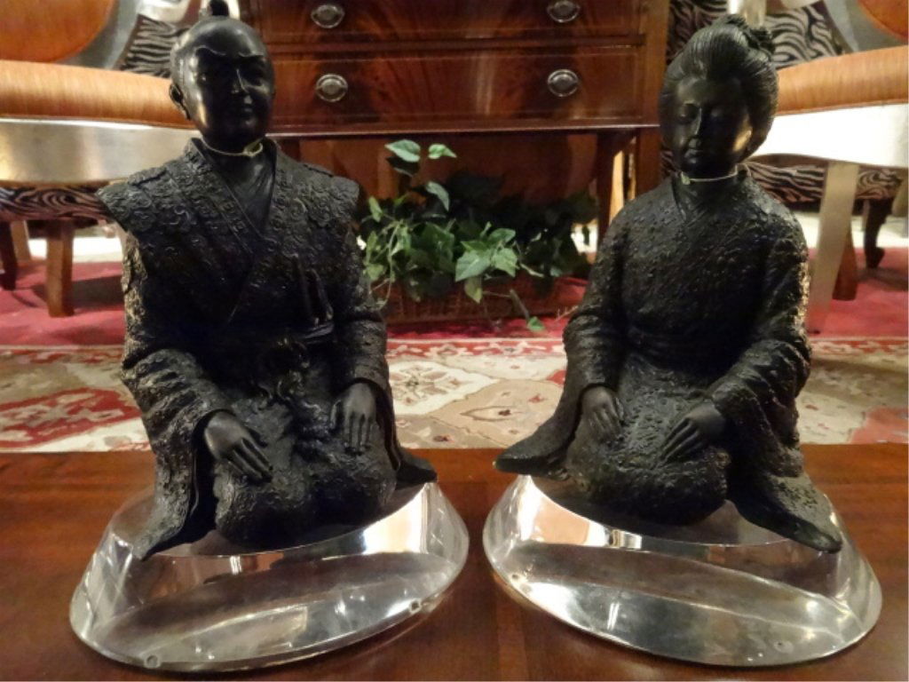 PAIR JAPANESE BRONZE SCULPTURES, WEDDING COUPLE, APPROX (1 of 9)