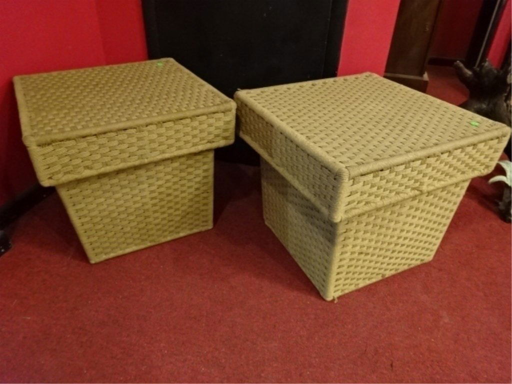 PAIR SQUARE WOVEN STORAGE TABLES, REMOVABLE TOPS, VERY (1 of 6)