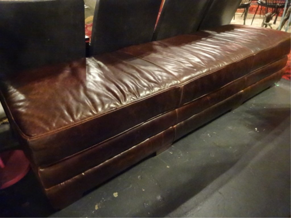 LARGE SADDLE BROWN LEATHER BENCH, VERY GOOD CONDITION, (1 of 5)