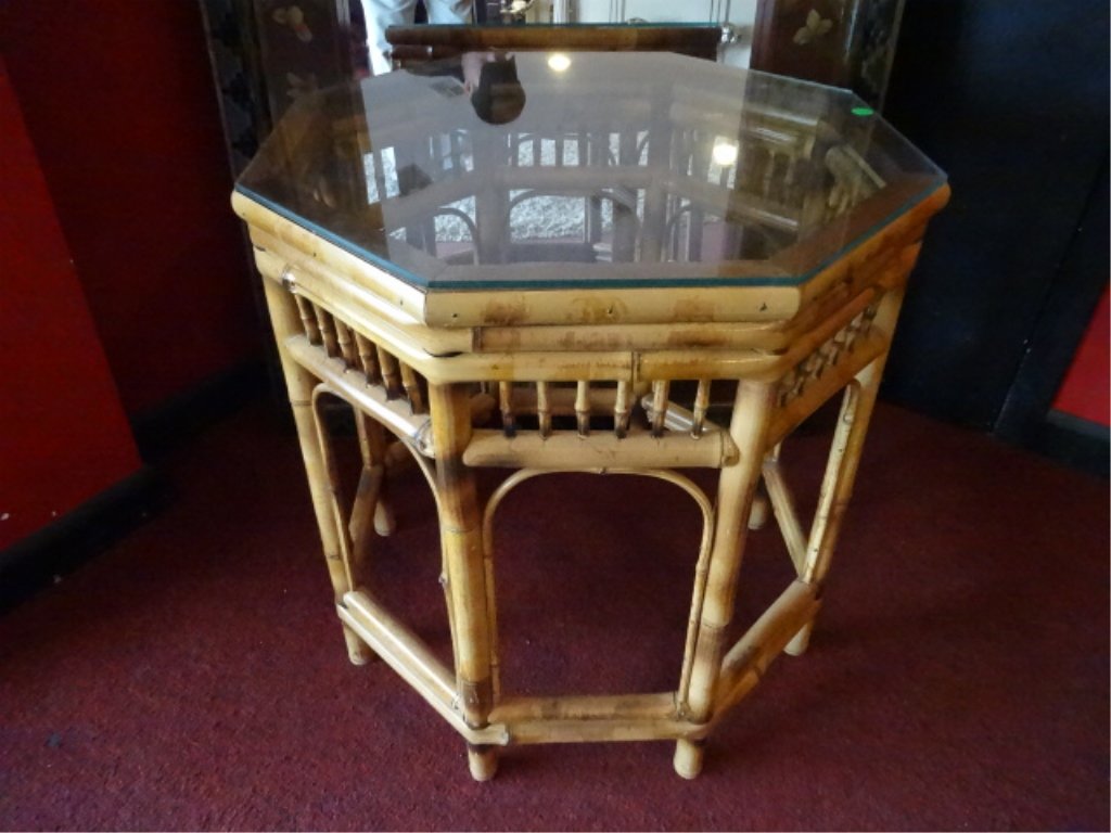 OCTAGONAL BAMBOO TABLE, GLASS TOP, EXCELLENT GENTLY (1 of 5)