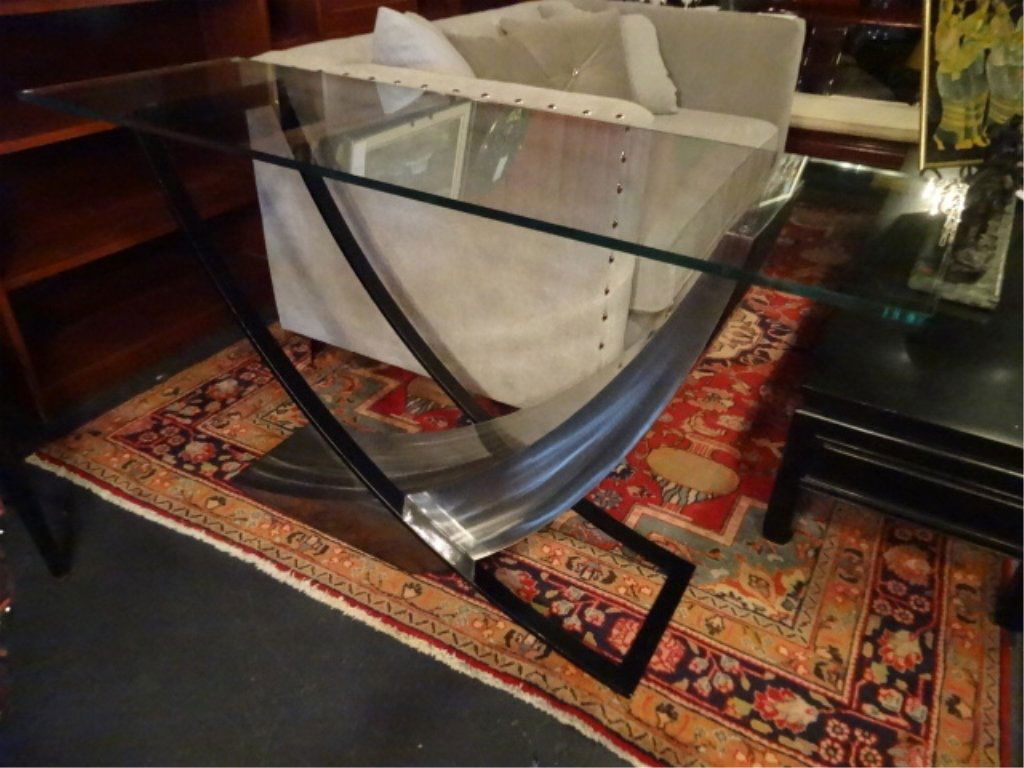 MODERN CURVED METAL BASE CONSOLE TABLE, BRUSHED STEEL (1 of 6)