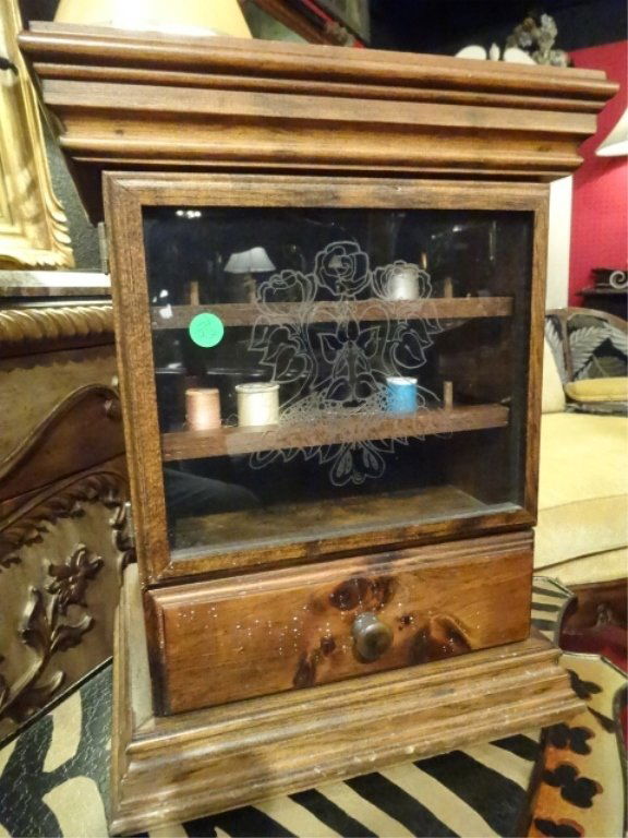 WOOD SEWING CHEST, ETCHED GLASS DOOR, SPOOL HOLDERS, (1 of 4)