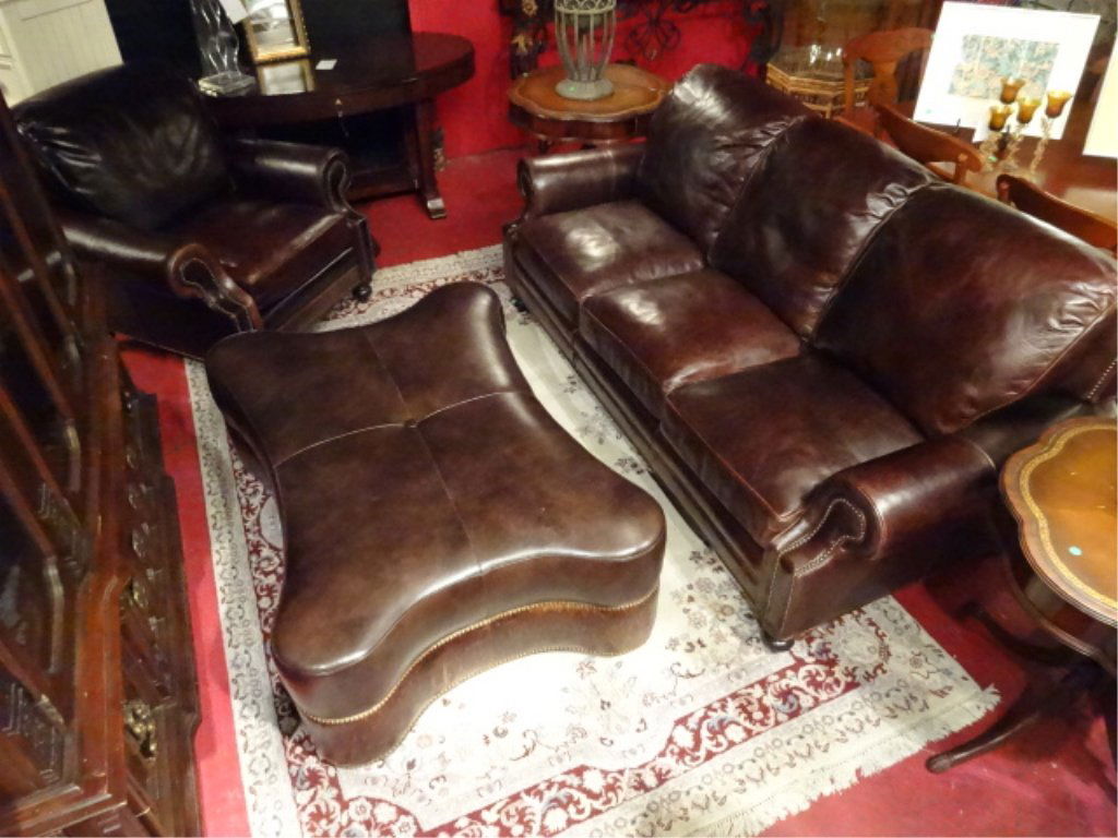 3 PC TOMMY BAHAMA LEATHER SOFA, CHAIR, AND OTTOMAN, (1 of 10)