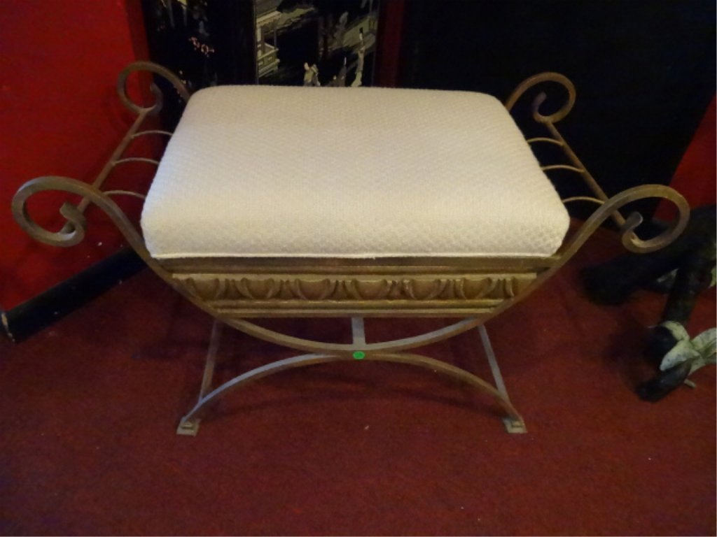 ORNATE METAL BENCH, SCROLLING ARMS, WHITE UPHOLSTERED (1 of 5)