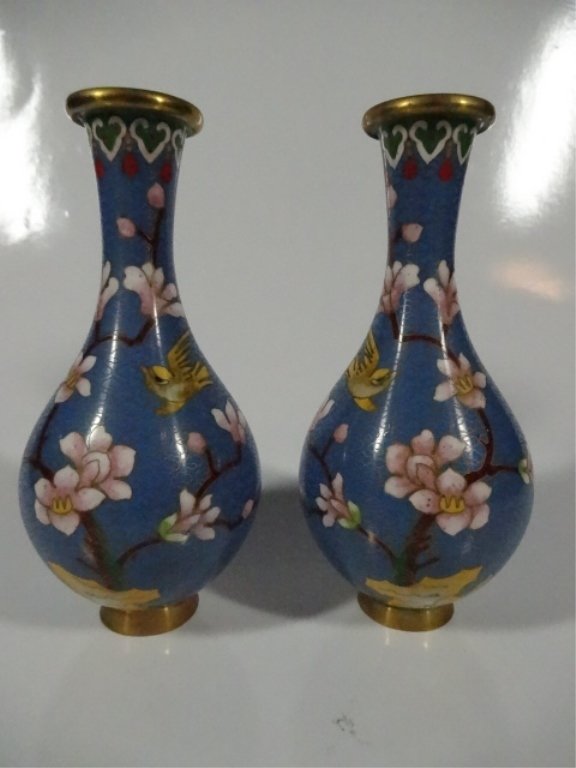 PAIR MIRROR IMAGE BLUE CLOISONNE VASES, FLORAL & BIRD (1 of 5)