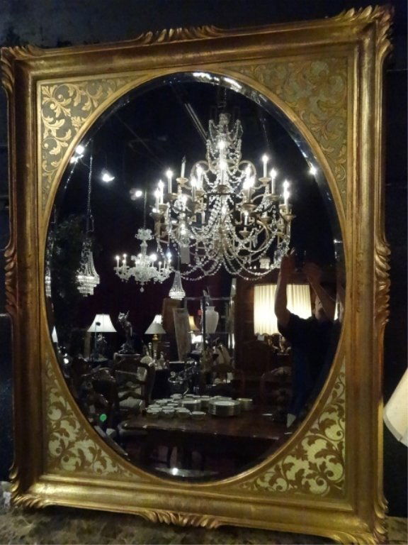 LARGE GILT WOOD MIRROR WITH OVAL CUTOUT, EXCELLENT (1 of 5)